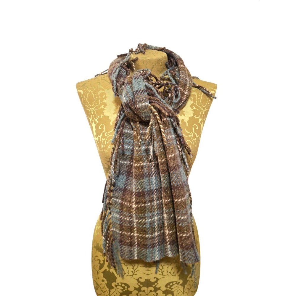 Ralph Lauren Blue Brown Wool Plaid Scarf W/Fringe 62"x 8"in Preppy Fall Cottage